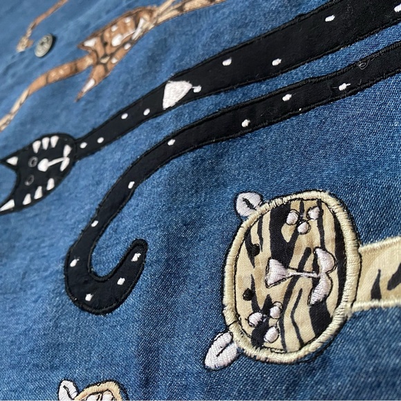 🌈4/$20🌈 Vintage 90s/Y2K CAT Applique Star Embroidered Kitsch Denim Shirt 2X - Picture 7 of 13